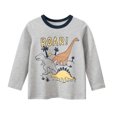 Kid Boys Roar Dino Print Solid Color Long Sleeve Tee - Grey