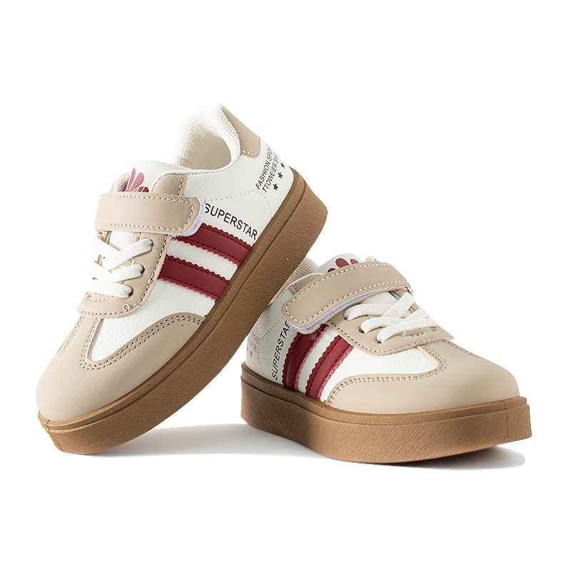 Kids Double Stripe Print Colorblock Velcro Closure Sneakers - Red