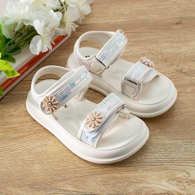 Kid Girl Crystal Flower Embroidered Fashion Summer Sandals - White