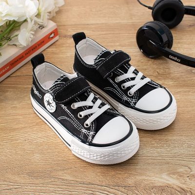 Kids Low Top Velcro Strap Converse Shoes - Black