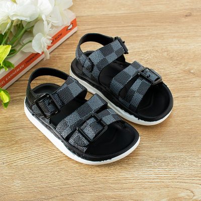 Baby Boy/Girl Checkered Print Buckle Belt Design Open Toe Summer Sandals - Blue
