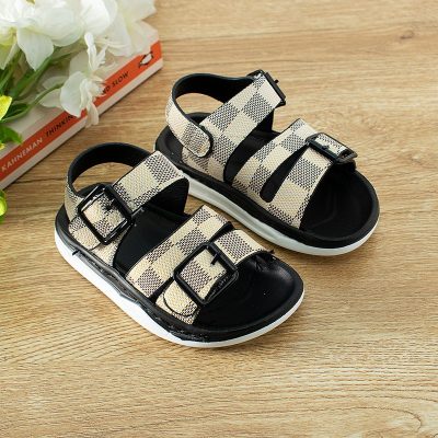 Baby Boy/Girl Checkered Print Buckle Belt Design Open Toe Summer Sandals - Beige